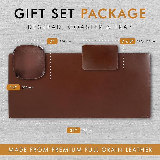 ELIZO Leather Desk Pad Real Leather Desk Mat Thick (3mm) Double Layer (31x15.6) Cover Blotter Desk Protector Large Computer Mat for Keyboard Mouse Pad Table Laptop Mat Office Accessories - Chestnut