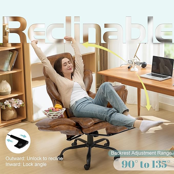 Flip Armrests Criss Cross Office Chair, Reclining Office Chair with Foot Rest, Adjustable Headrest, Massage Waist Pillow, Cross Legged Big and Tall Desk Chair Wide Seat Vanity Chair, PU Leather Brown