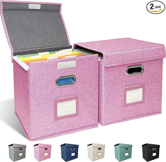 2 Pack Hanging File Folder Box with Lid, Durable Letter Size Filing Storage Box, Sturdy File Holder with Cardboard Support PVC Rails for Office Home Organizer, Pink