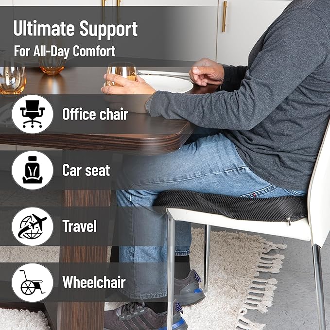 Mind Reader Air-Cloud Seat Cushion, Ergonomic Support for Posture, Pressure Relief, and Pain Reduction, Portable with Washable Cover, Memory Foam, Black