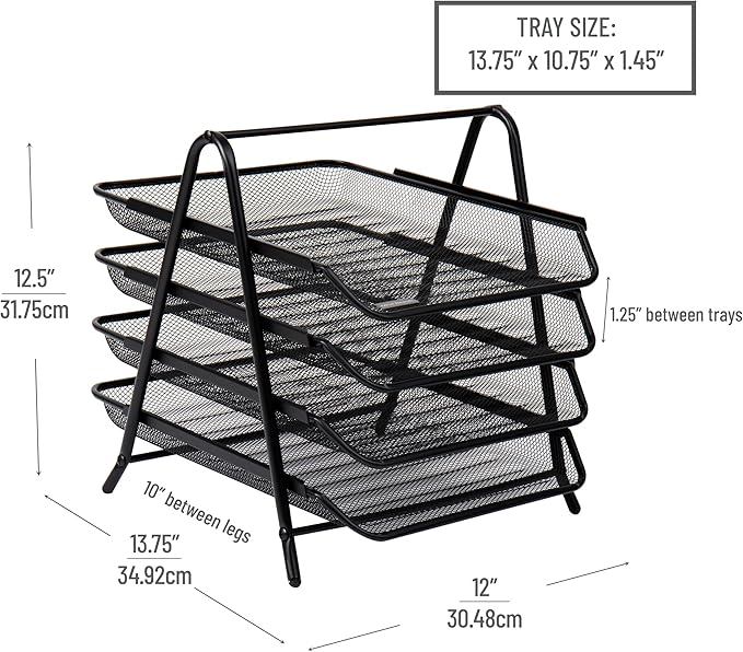 Mind Reader 4-Tier Paper Tray, Desktop Organizer, File Storage, Office, Metal Mesh, 12" L x 13.75" W x 12.5" H, Pack of 2, Black
