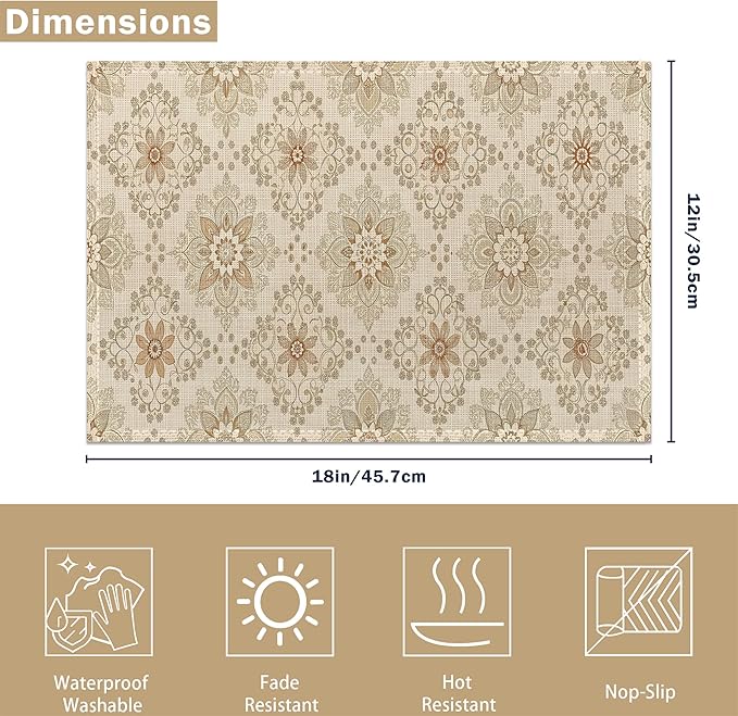 Elegant Beige and Brown Floral Pattern Table Placemats Set of 6, Linen Placemats 12x18 Inch, Washable Non Slip Heat Resistant Mats for Dining Table Kitchen Indoor Use