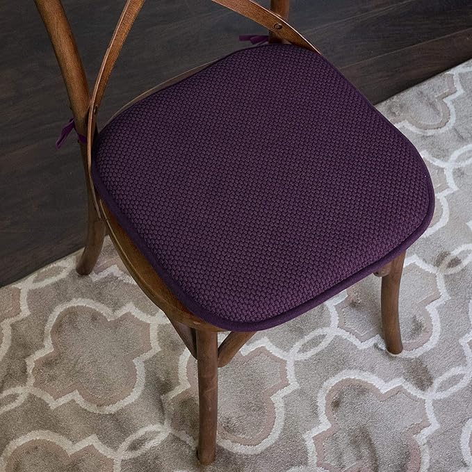 Sweet Home Collection Chair Cushion Memory Foam Pads with Ties Honeycomb Pattern Slip Non Skid Rubber Back Rounded Square 16" x 16" Seat Cover, 4 Pack, Eggplant Purple 4 Pack