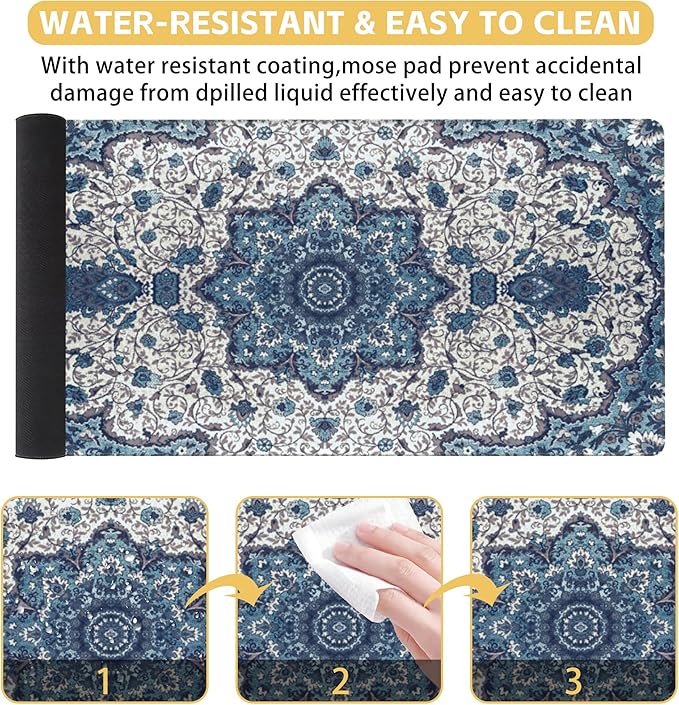 Large Gaming Mouse Pad Blue Boho Rug Texture Desk Mat Mouse Pad Extended XL Mousepad, Large Non-Slip Rubber Base Mousepad with Stitched Edges, Desk Pad for Work Game Office, 31.5 x 15.8 in
