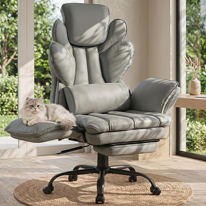Flip Armrests Criss Cross Office Chair, Reclining Office Chair with Foot Rest, Adjustable Headrest, Massage Waist Pillow, Cross Legged Big and Tall Desk Chair Wide Seat Vanity Chair, PU Leather Grey