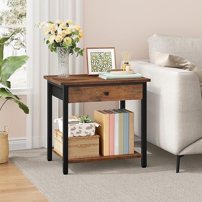 Gewudraw Printer Stand with Storage Drawer, 2-Tier Under Desk Printer Table, Shelf for Home Office, Living Room, Bedroom, Bathroom,Brown