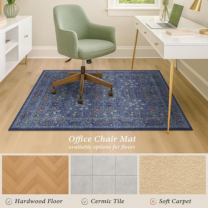 36"x48" Boho Dark Blue Office Desk Chair Mat for Hardwood Floor, Under Desk Rug with Non-Slip Rubber Backing, Small Computer Chair Rug for Heavy Duty Office Chair, Machine Washable (3x4 Navy Blue)