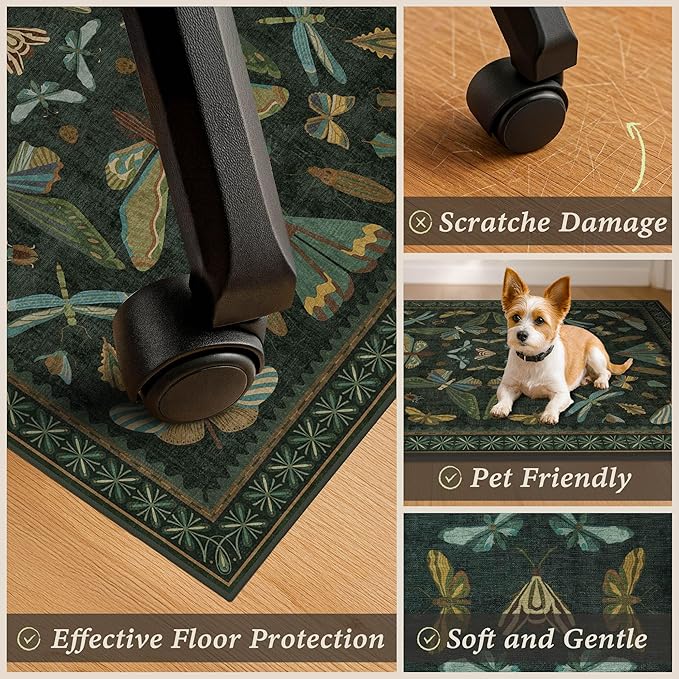 4'x5' Dark Green Office Chair Mat for Hardwood Floors, Insect Boho Design,Non-Slip Low Pile Desk Rug, 48"x60" Small Area Rug for Computer Desk Home Office, Machine Washable WFH Essential for Dorm Room
