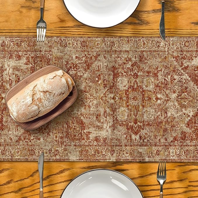 Boho Red Table Runner,Vintage Elegant Farmhouse Table Center Linen Decor,Country Rustic Farmhouse Magical Fall Kitchen Dining Table Decoration for Home Dining Party Decor 13x48 Inch