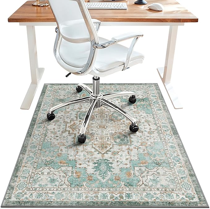 48"x60" Office Chair Mat for Hardwood Tile Floor, Under Desk Carpet Protector for Rolling Computer Chair Mat, Machine Washable Area Rug, Anti-Slip 1/5" Thick Low Pile Thin Vinyl Floor Mat, Cyan