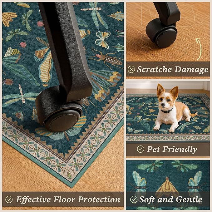 JTJ 4'x5' Teal Office Chair Mat for Hardwood Floors, Insect Boho Design,Non-Slip Low Pile Desk Rug, 48"x60" Small Area Rug for Computer Desk Home Office, Machine Washable WFH Essential for Dorm Room