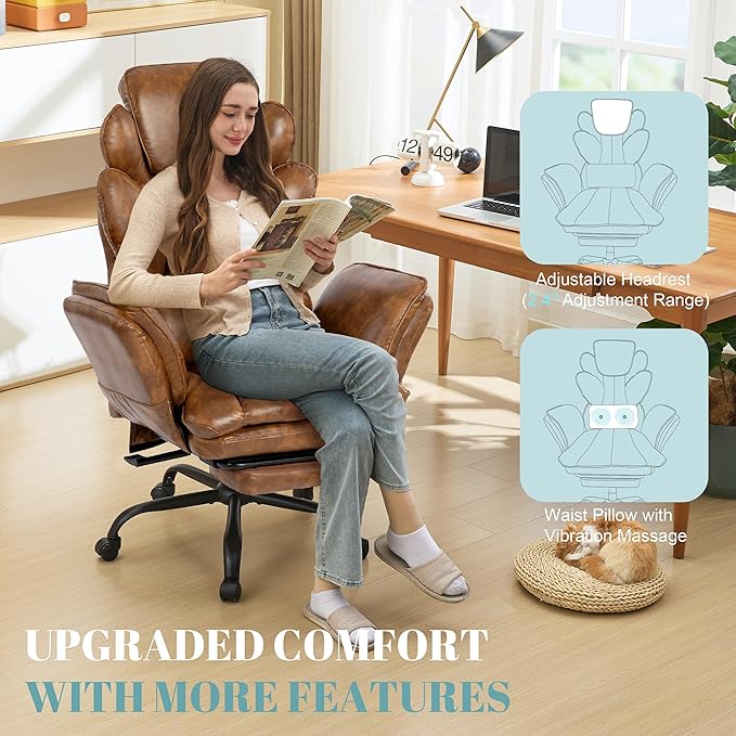 Flip Armrests Criss Cross Office Chair, Reclining Office Chair with Foot Rest, Adjustable Headrest, Massage Waist Pillow, Cross Legged Big and Tall Desk Chair Wide Seat Vanity Chair, PU Leather Brown