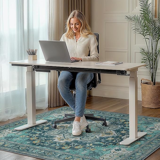 48"x60" Office Chair Mat for Hardwood Tile Floor, Under Desk Carpet Protector for Rolling Computer Chair Mat, Machine Washable Area Rug, Anti-Slip 1/5" Thick Low Pile Thin Vinyl Floor Mat, Turquoise