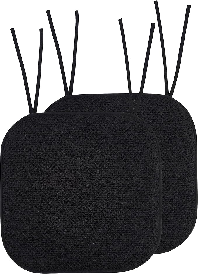 Elegant Comfort 2 Pack Chair Cushion Covers - Skid-Proof Rubber Backing - 16 x 16 Inch - Thick Dining Square Shape Seat Covers - Comfortable Textured Chair Pads with Ties - Honeycomb Pattern, Black
