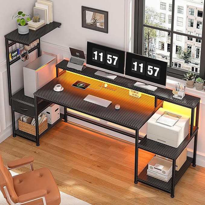 DurayLoly 63" Gaming Desk with LED Lights & Outlets,Computer Desk with Drawers & Monitor Stand,Gaming Table with 3 Storage Shelves, Hooks& Printer Space for Game&Study Room,Home Office,Bedroom,Black