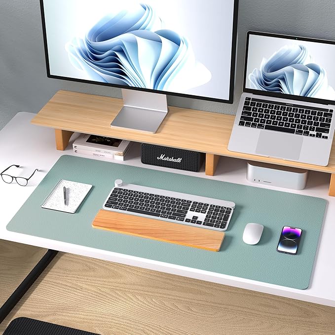 Aothia Leather Desk Pad Protector, Mouse Pad,Office Desk Mat, Non-Slip PU Leather Desk Blotter, Laptop Desk Pad, Waterproof Desk Writing Pad for Office and Home (36" x 17", Light Blue)