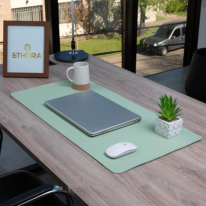Desk Mat -Computer Desk mat with Non Slip Suede Bottom with Stitched Edges- Waterproof - Leather Desk pad PU Desk Cover for Home, Mouse, Makeup Mat for Vanity (Light Green, 31.5 x 15.7)