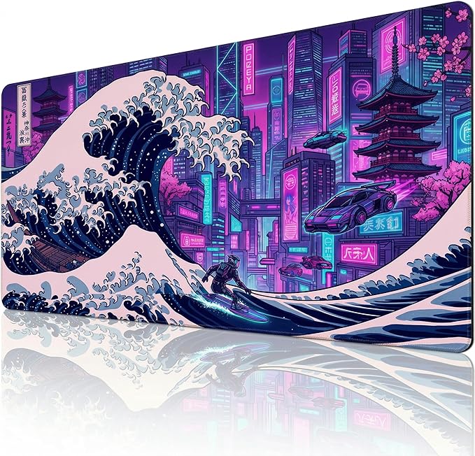 Cyberpunk Extended Mouse Pad 48x24in, Neon City Wave Gaming Desk Mat, Anti-Slip Rubber Base Mousepad for PC Gamers & Streamers
