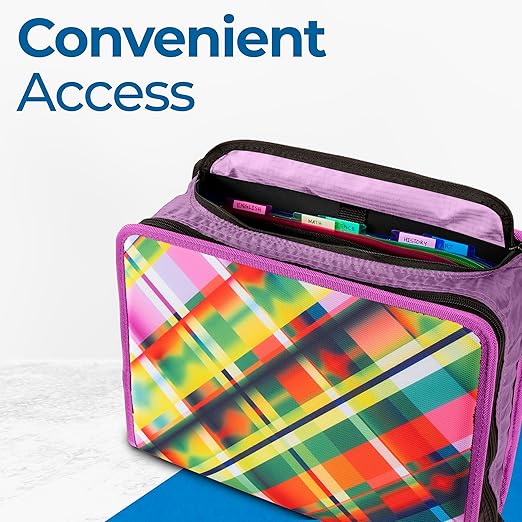 Case-it Mighty Zip Tab School Zipper Binder | 3-Inch O-Rings, 600-Sheet Capacity, 5-Subject Expanding File Folder, Multiple Pockets & Storage Organizer, Shoulder Strap | D-146 Summer Plaid