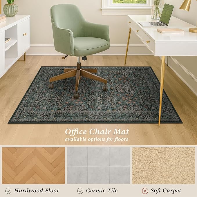 Washable 2'5"x4' Dark Green Office Chair Mat for Hardwood & Tile Floor, Vintage Floral Under Desk Rug, Floor Protector for Rolling Chairs, Office Oriental Low Pile Non Slip & Stain Resistant