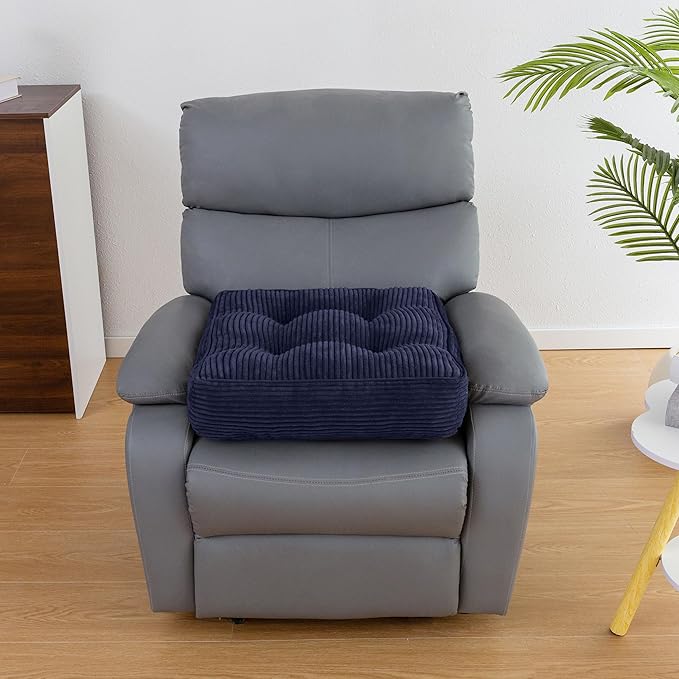 HIGOGOGO Tufted Corduroy Recliner Seat Cushion for Elderly, 20x20x5 Inch Large Square Seat Cushion for Recliner Chair, Floor Pillow, Office Chair, Car, No Pressure on Thighs, Navy