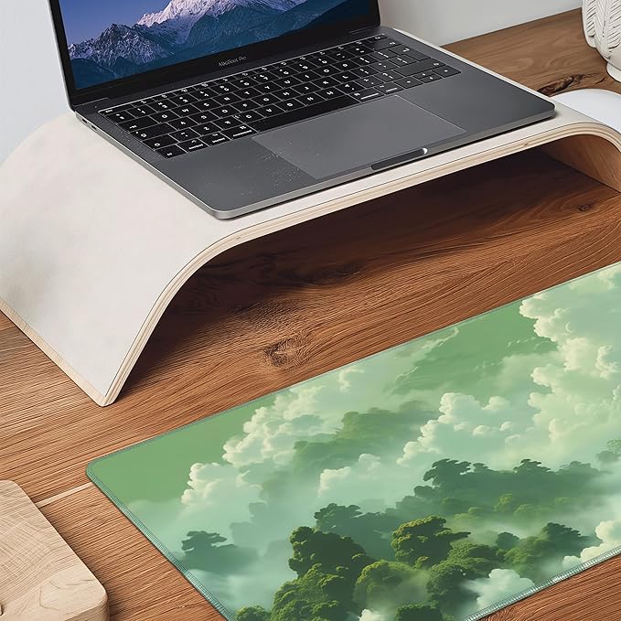 Green Forest Mouse Pad,Large Misty Mountain Nature Mousepad,Extended Gaming Gentle Aesthetic Office Desk Decor Mouse Mat with Non-Slip Base and Stitched Edge,31.5 x 12in