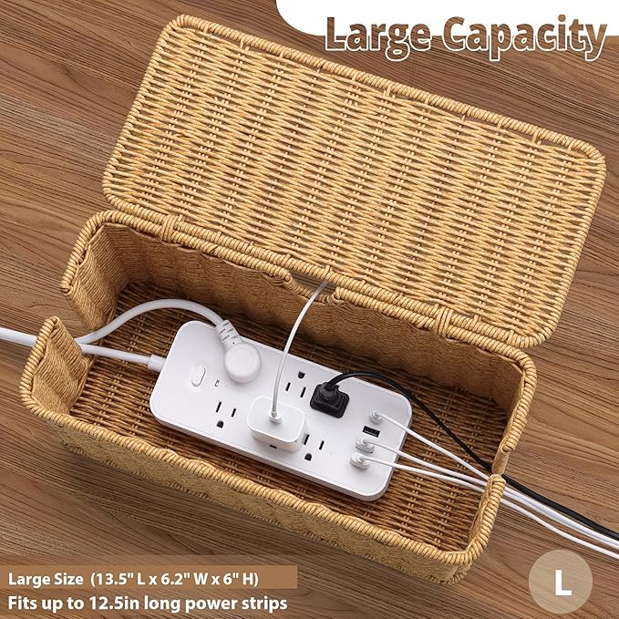 Large Cable Management Box, Handwoven Imitation Rattan Cord Organizer Cord Hider Box, Cable Organizer Box for Desk, Cord Management Box to Hide Cords and Power Strips 13.5" L x 6.2" W x 6" H, Brown