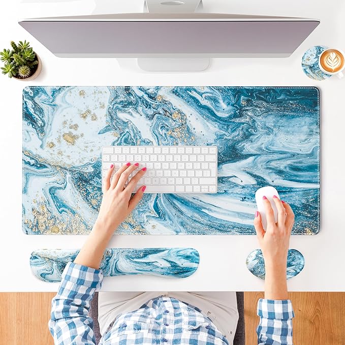 QIYI Leather Desk Mat Set, 4-in-1 Large Mouse Pad with Wrist Rest, Non-Slip Desk Pad + Keyboard Wrist Rest + Mouse Wrist Support + Coaster, Office Desk Accessories Home Decor Supplies, Blue Marble