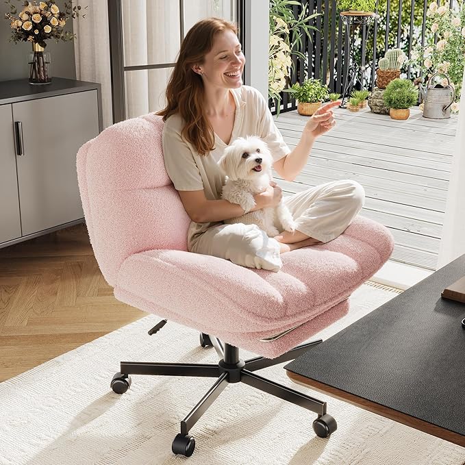 DurayLoly Criss Cross Office Chair with Footrest, 6.3" Thick Cushioned Cross Legged Office Chair with Wheels, Reclining & Height Adjustable, Swivel Armless Vanity Chair for All-Day Comfort (Pink)