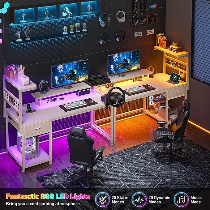 EnHomee 40" Computer Desk with Drawer & Storage Shelves, Gaming Desk with Monitor Stand, LED Lights & Power Outlets for Living Room, Study Room, Bedroom, White