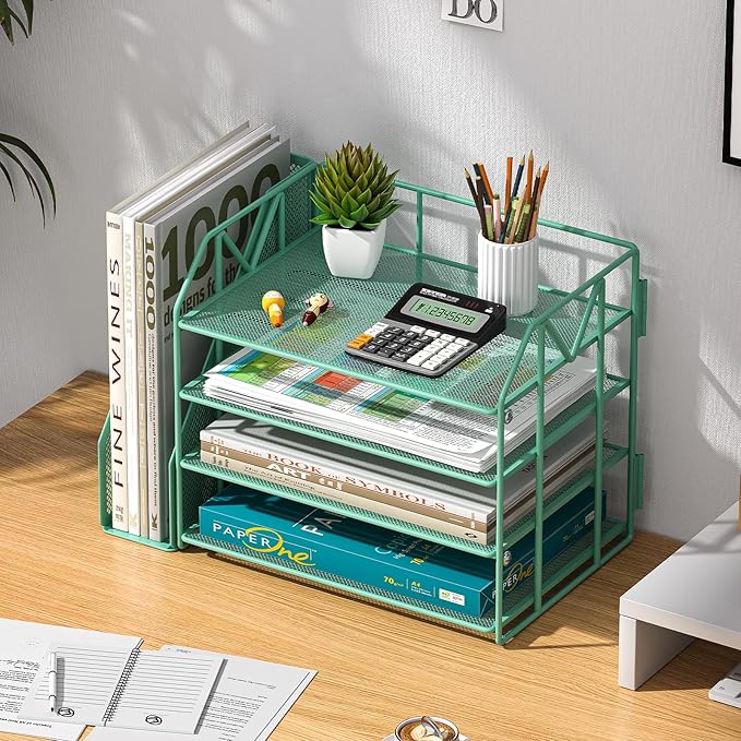 4-Tier Paper File Organizer with Drawer, Metal Desk Organizer, Tiered Paper Tray for Letter/A4 Files, Desktop Office Supplies Storage Rack, Green