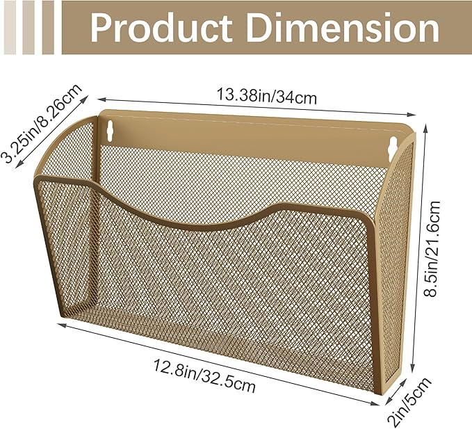 EasyPAG 3 Pack Wall File Organizer, Metal Mesh Hanging File Folder Holder for Letter/A4 Size Folders, Vertical Wall Mount Mail Sorter for Office Paperwork, Classroom, Gold