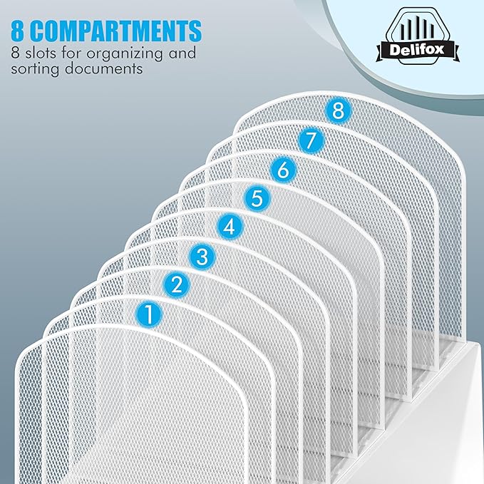 Inclined Desk File Organizer, 8-Section Upright Desk Organizer Standing File Sorter for Office Classroom Desktop Organization (White)