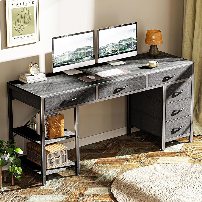 Huuger Computer Desk with 6 Drawers, Office Desk with Shelves, Reversible Gaming Desk, Corner Desk with Storage, Work for Home Office, Study, Living Room, 54inch, Grey