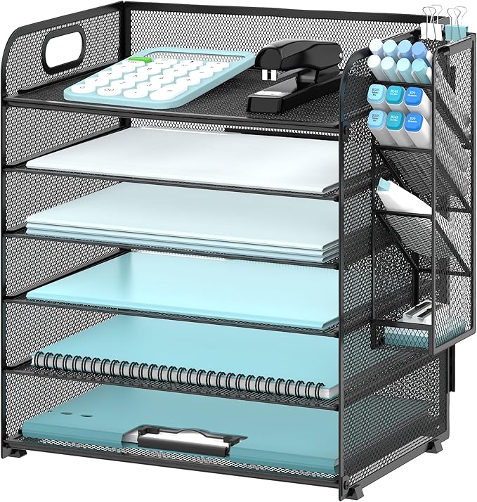 SUPEASY 6 Tier Desk Organizer with 4 Pen Holders, Mesh Paper Organizer Letter Tray with Handle, Desk Organizer Tray File Organizer for A4 File Folder, Black