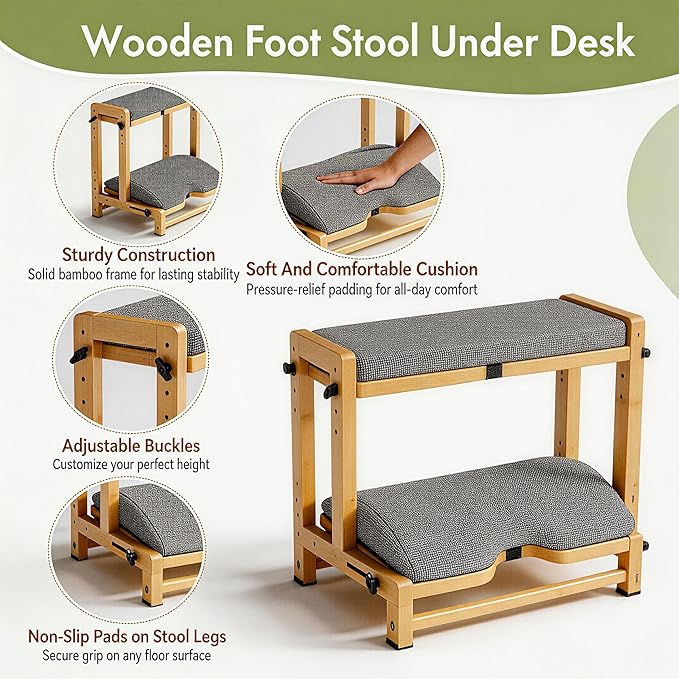 Double Step Under Desk Foot Rest - Adjustable 4-Height Wooden Foot Stool with Ergonomic Cushion for Office, Gaming & Study - Ergonomic Support for Improved Posture