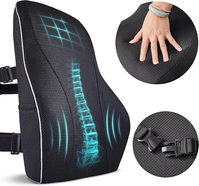 TULARIS Extra Dense Lumbar Support Pillow with Double Adjustable Straps - Ergonomic Memory Foam Cushion for Office Chair, Car, Couch - Firm Back Support for Lower Back & Spine Pain Relief