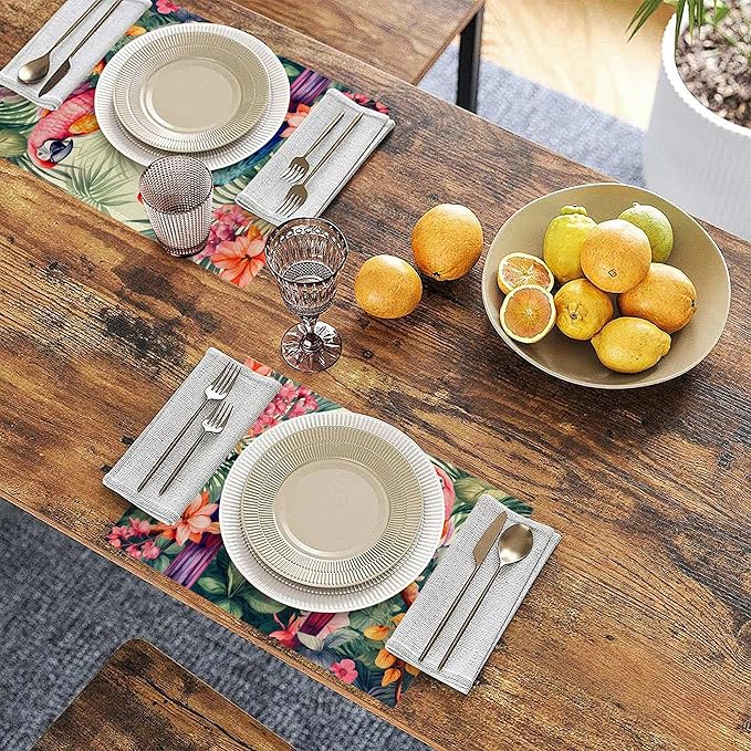 Placemats Set of 6, Tropical Parrot Forest Linen Placemats 12x18 Inch, Heat Resistant Table Mats, Washable Non Slip Place Mats for Dining Table Kitchen Home