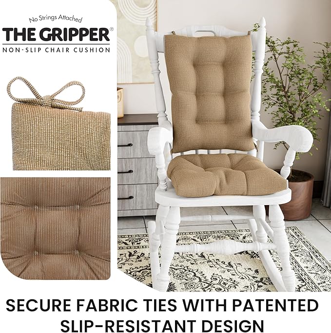 Klear Vu The Gripper Non-Slip Rocking Chair Cushion Set with Thick Padding, Includes Seat Pad & Back Pillow with Ties for Indoor Living Room Rocker, 17x17 Inches, 2 Piece Set, Tan