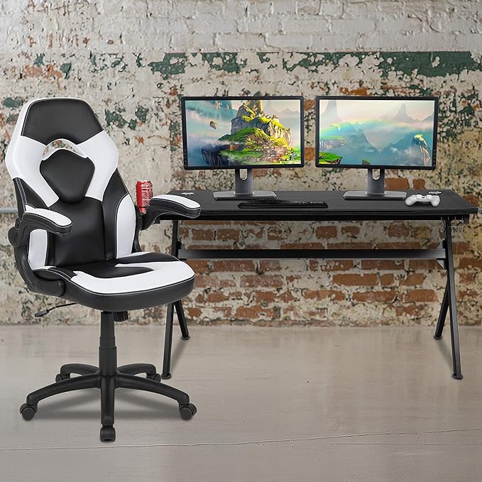 EMMA + OLIVER Black/White Gaming Desk Bundle - Cup & Headphone Holders/Mouse Pad Top