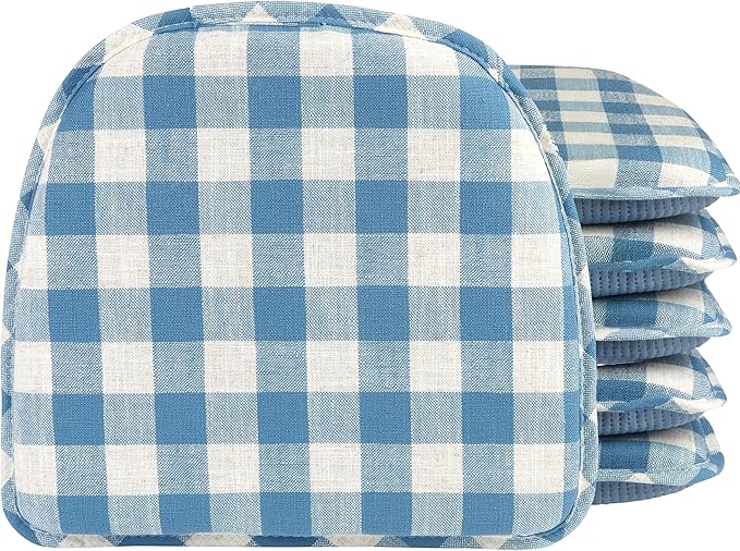 Klear Vu The Gripper Non-Slip Linen Check Dining Kitchen Chair Pads, 16" x 15", Set of 6, Liza Check Blue