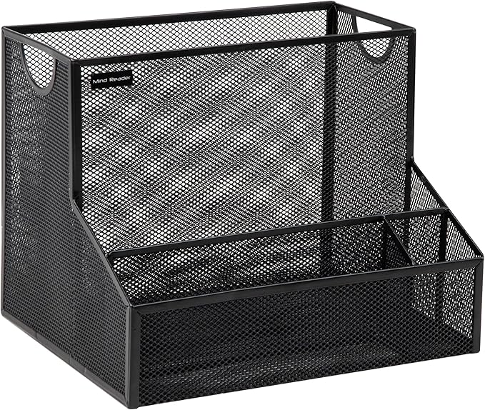 Mind Reader Desktop Organizer with Hanging File Storage, 4 Compartment Letter Size File Holder, Metal Mesh Desk Organizer for Office and Home, Black