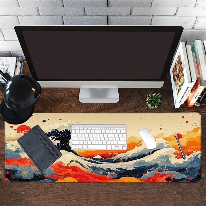 Long Gaming Mouse Pad Extended Anime Large Desk Pad with Non-Slip Base Full Keyboard Mat with Stitched Edges for Gaming and Office 31.5 x 11.8 inches (Watercolor Wave)