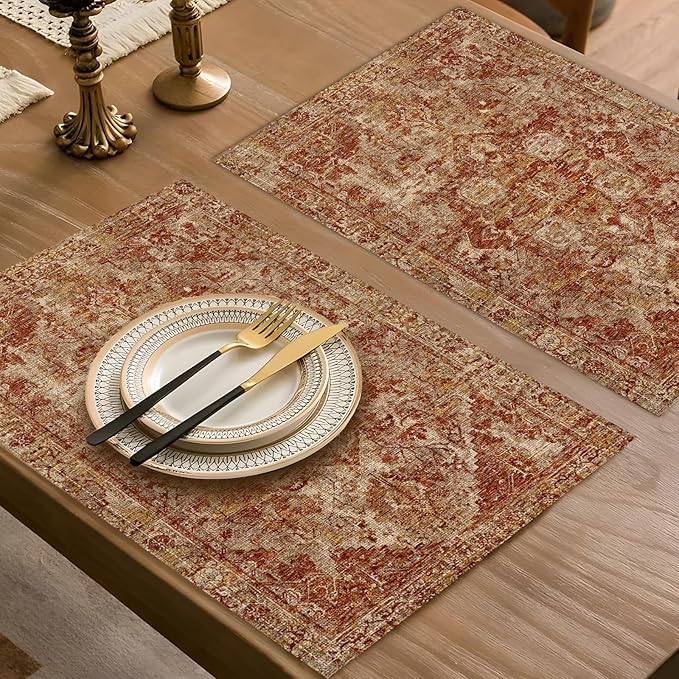 Boho Style Red Placemats Set of 4,Vintage Elegant Farmhouse Table Center Linen Decor,12x18 Inch Country Rustic Farmhouse Magical Fall Table Mats for Party Kitchen Dining Decoration