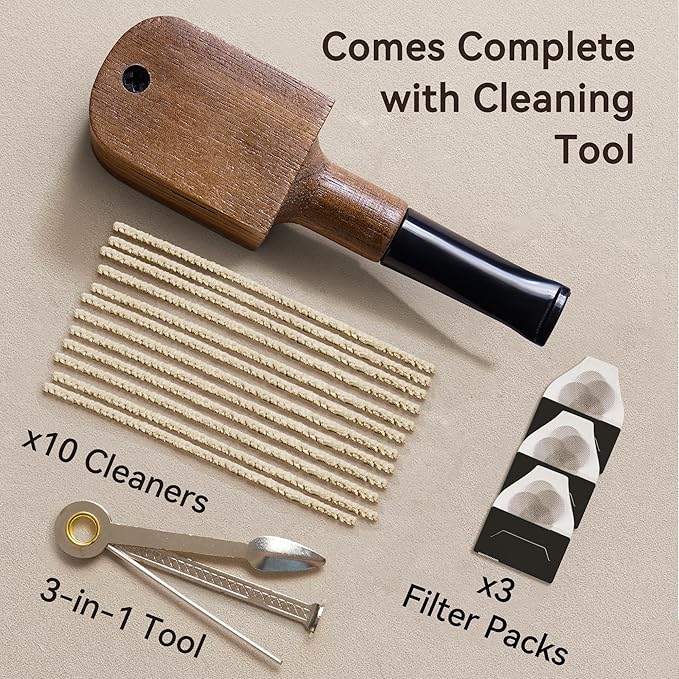 Tobacco Pipe Set - Walnut Wood Square Design Compact Size Classic Style with Cleaning Tool Kit and Screen Inserts for Adult Tobacco Users Desk Daily Use and Gifting