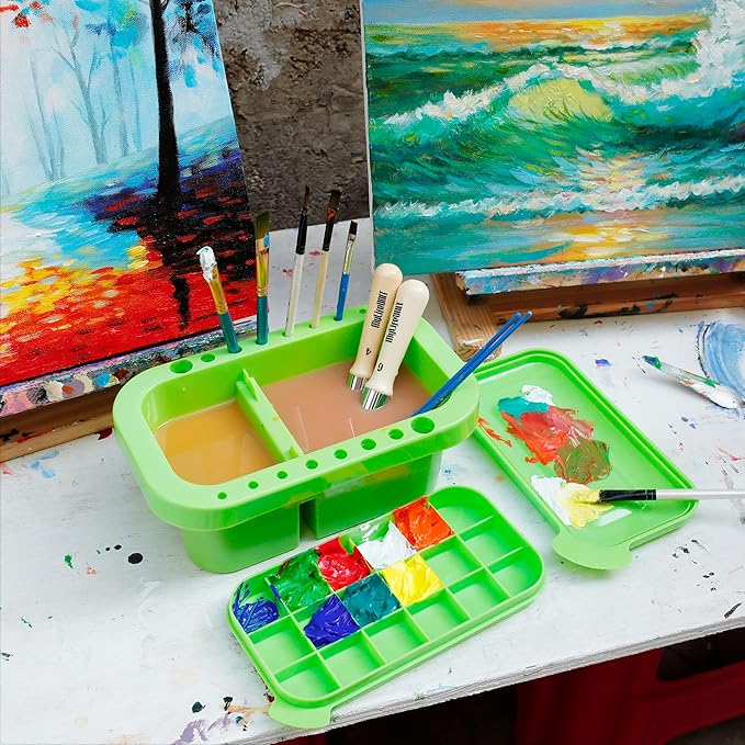 MyLifeUNIT Paint Brush Cleaner, Paint Brush Holder and Organizers with Palette for Acrylic, Watercolor, and Water-Based Paints (Lawn Green)