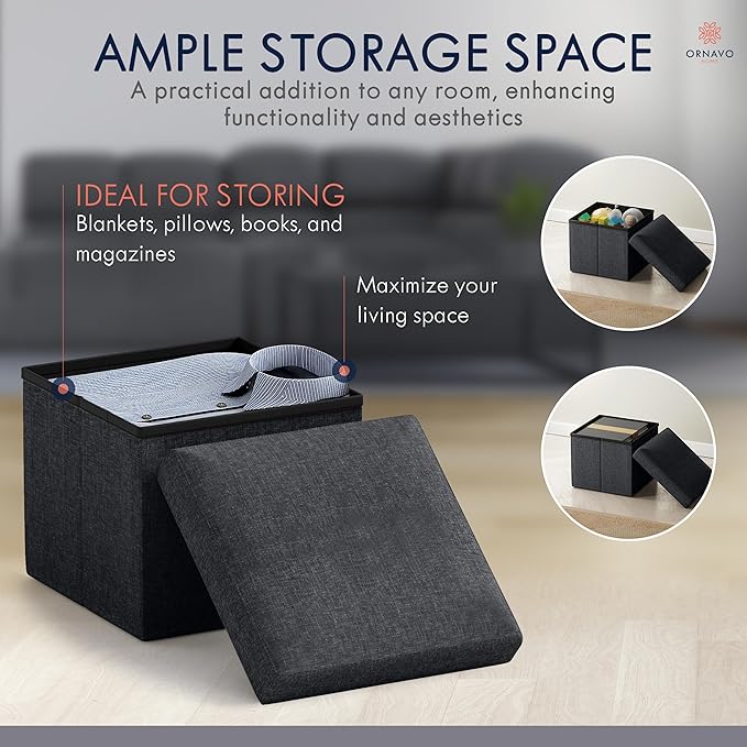 Ornavo Home Small Storage Ottoman, Set of 2 Foldable Collapsible Cube Square Linen Ottoman Foot Rest Stool Seat, for Living Room, Bedroom, Home Office, Dorm - 12 x 12 x 12, Black