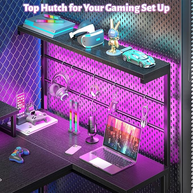 EnHomee 53" L Shaped Gaming Desk with RGB LED and Power Outlets, Reversible Corner Desk with Monitor Stand, Computer Desk with Deep Drawer & Storage Shelf for Home Office & Gaming, Black