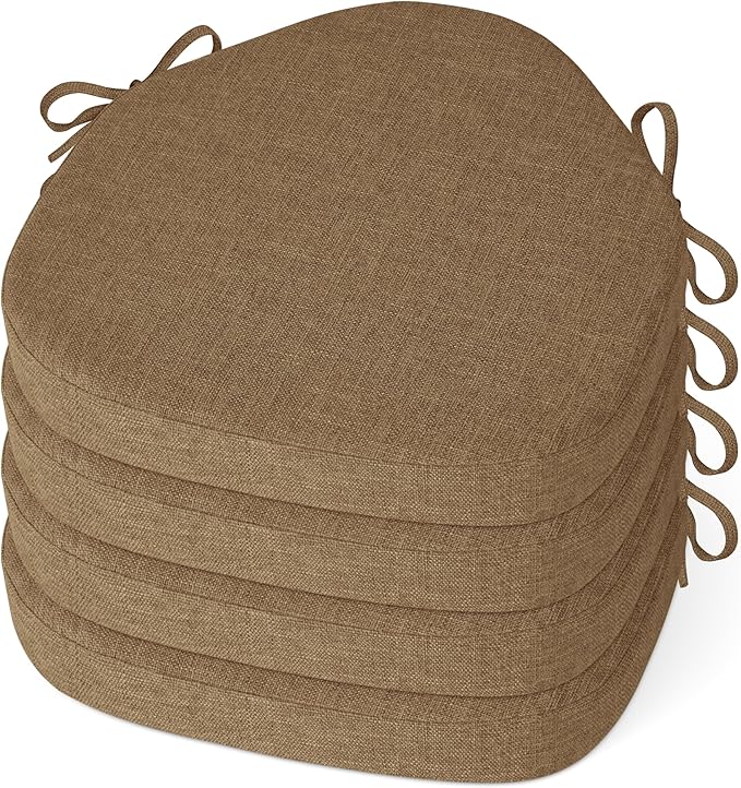 Windsor Chair Cushions for Dining Chairs 4 Pack Non Slip Kitchen Seat Cushion with Ties and Washable Covers Indoor Comfortable Seat Pad with Thick Foam 16.5" x 15.5" x 2" Brown