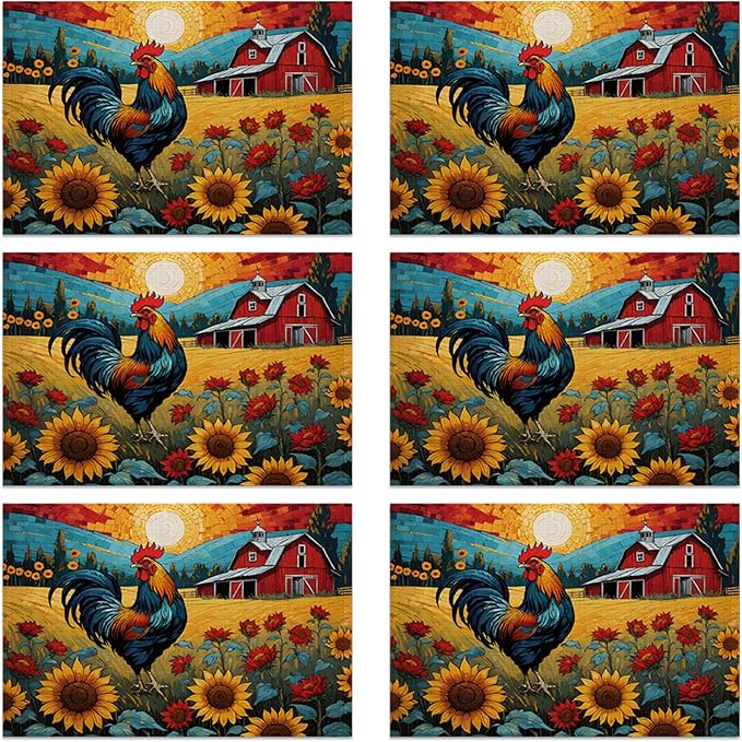 Painting Sunflowers Rooster Table Placemats Set of 6, Linen Placemats 12x18 Inch, Washable Non Slip Heat Resistant Mats for Dining Table Kitchen Indoor Use